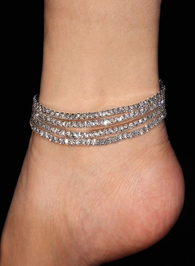 Wovanoo 4Pcs Crystal Ankle for Women Cubic Zirconia Tennis Stretch Anklets Diamond Elastic Foot Chain White - Image 2
